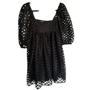Kimchi Blue, Size Small, Black & Blue Lace Eyelet Puff Sleeve Babydoll Dress